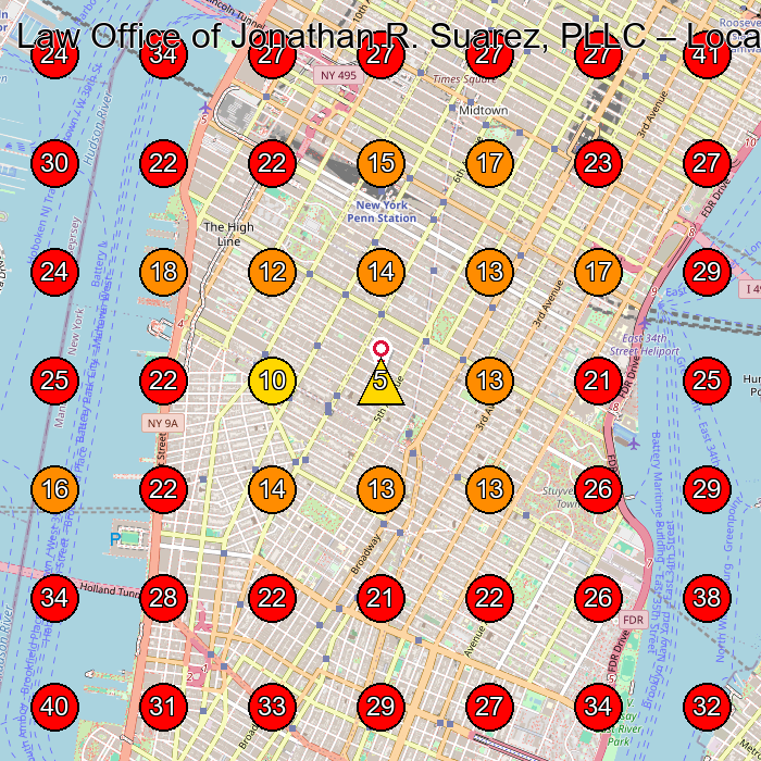 Law Office of Jonathan R. Suarez, PLLC GeoGrid visibility map for Legal Services in New York